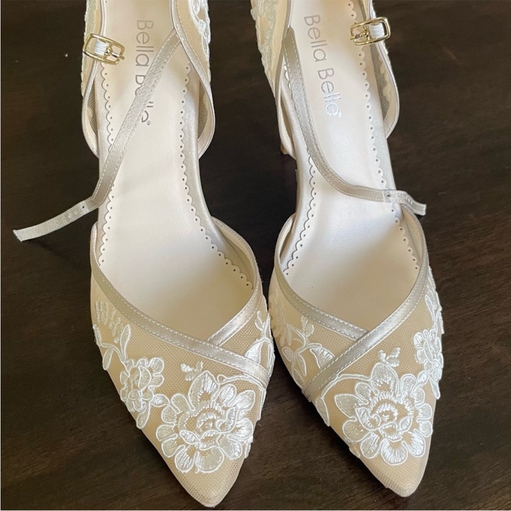 Bella Belle- Claudia. Nude mesh with ivory lace appliqué, 4 in heels.
